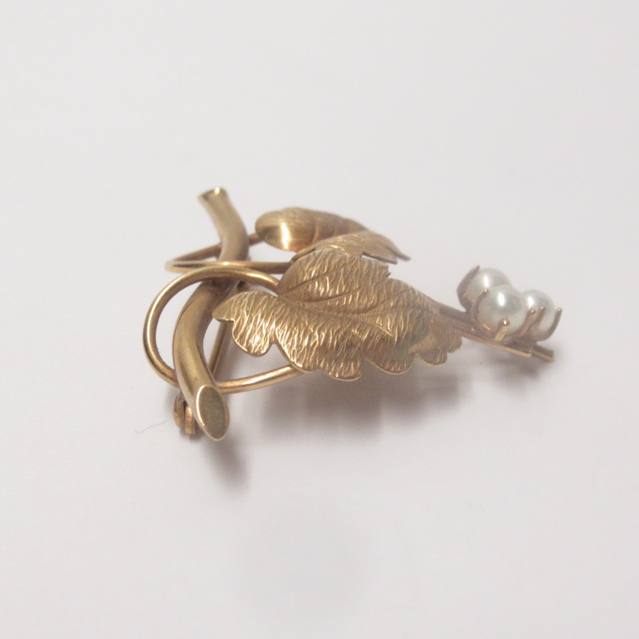 14K Gold & Pearl Leaves Brooch