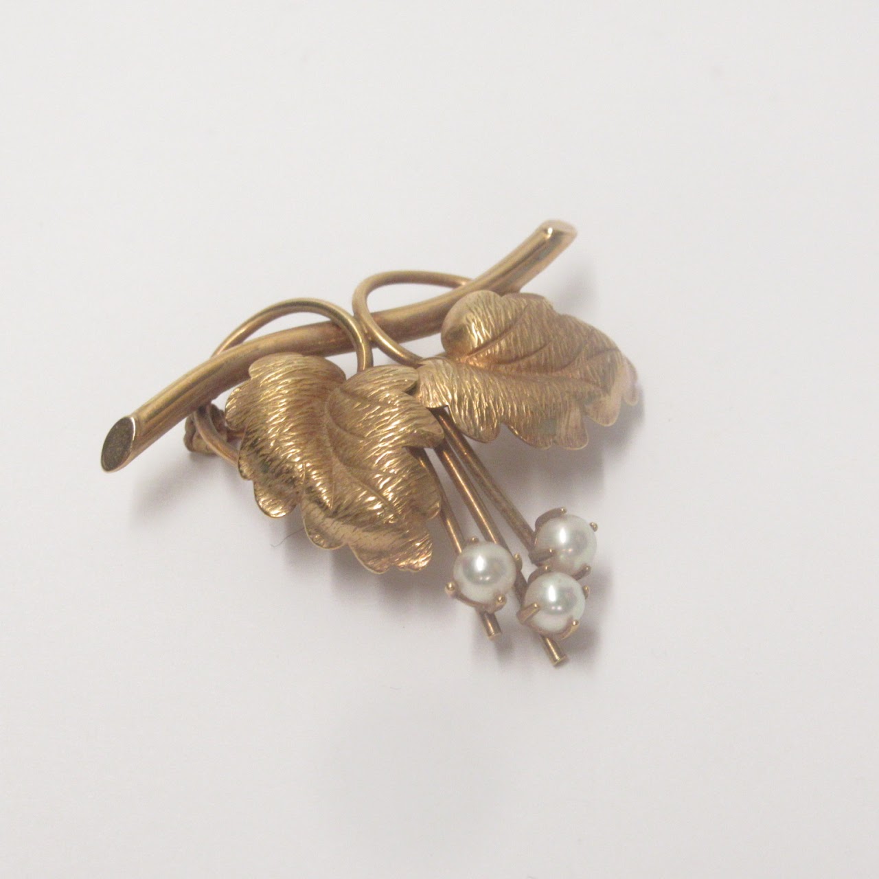 14K Gold & Pearl Leaves Brooch