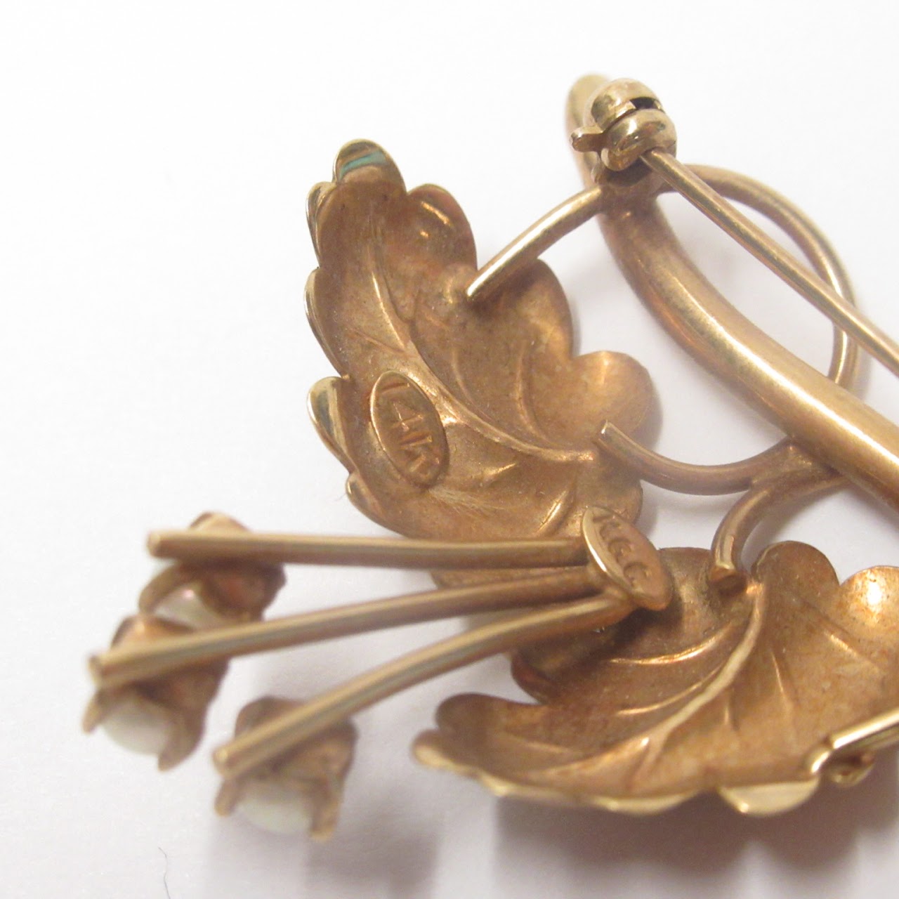 14K Gold & Pearl Leaves Brooch