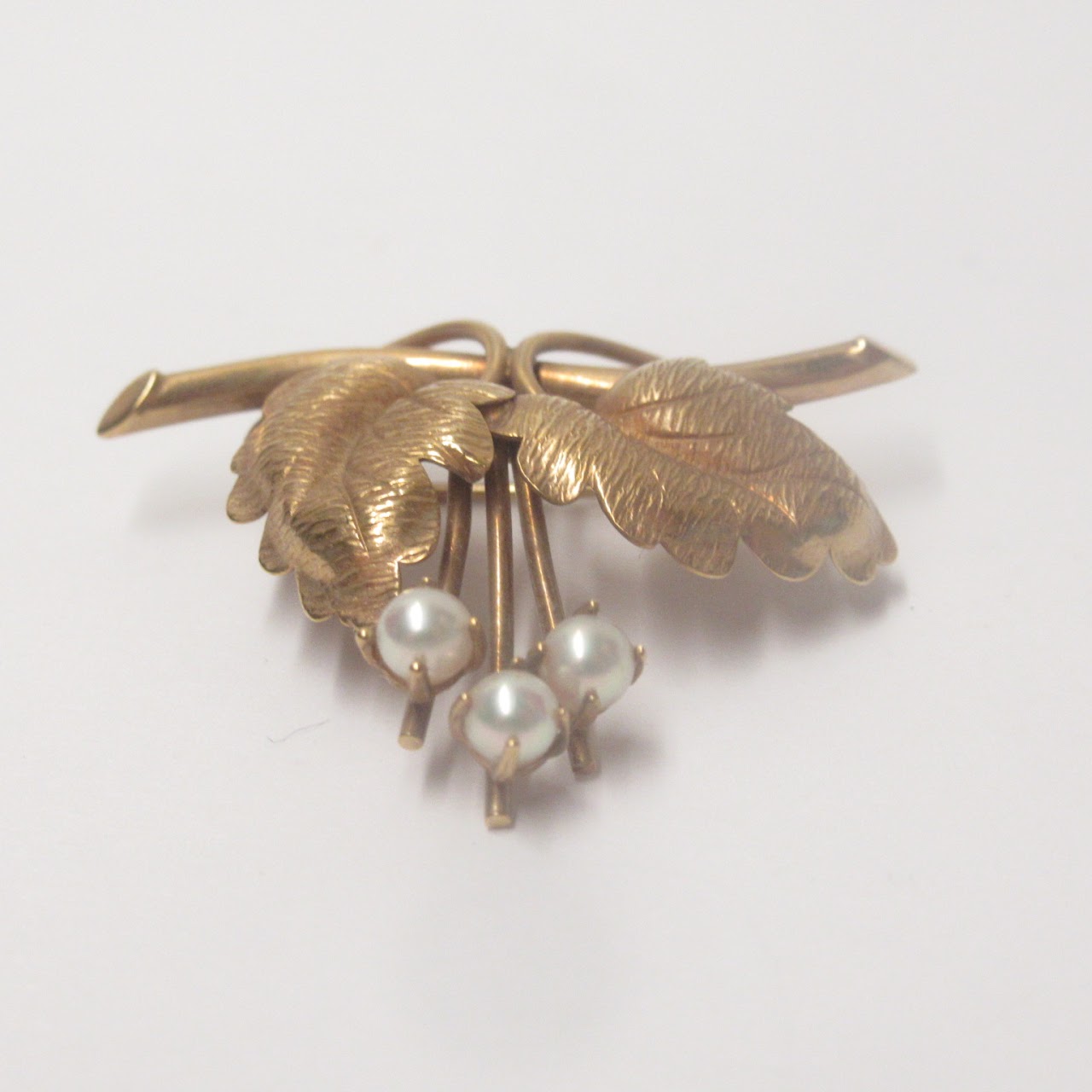 14K Gold & Pearl Leaves Brooch