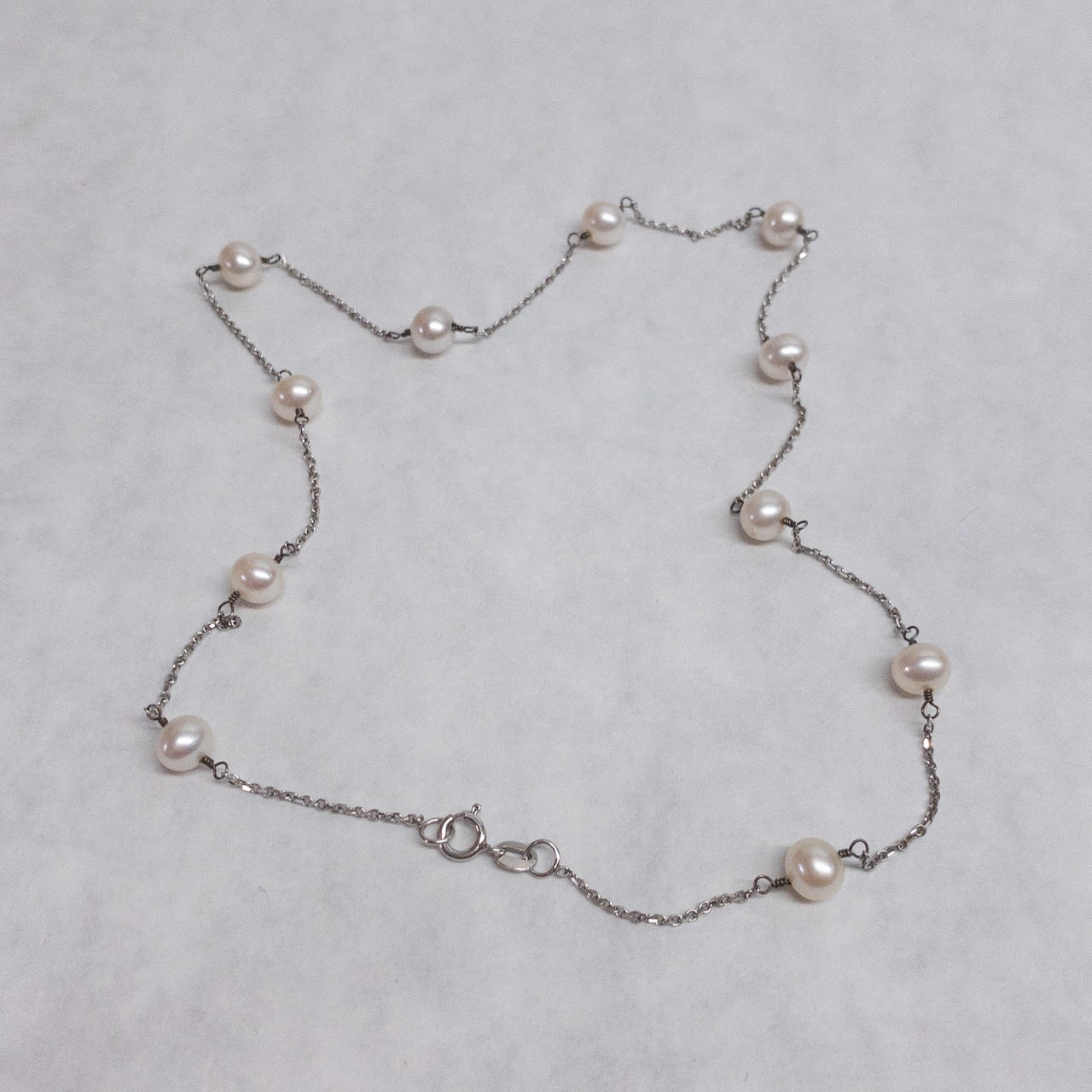 14K White Gold Pearl Station Necklace