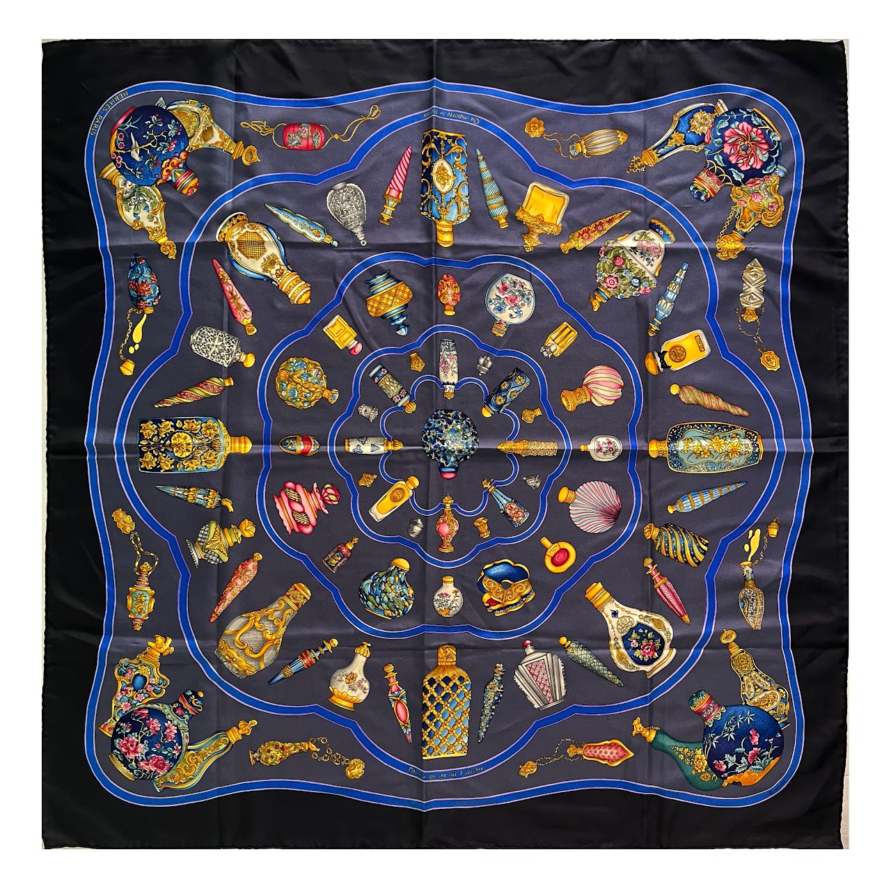 Hermès Black Qu' Importe Le Flacon Silk 90 Scarf