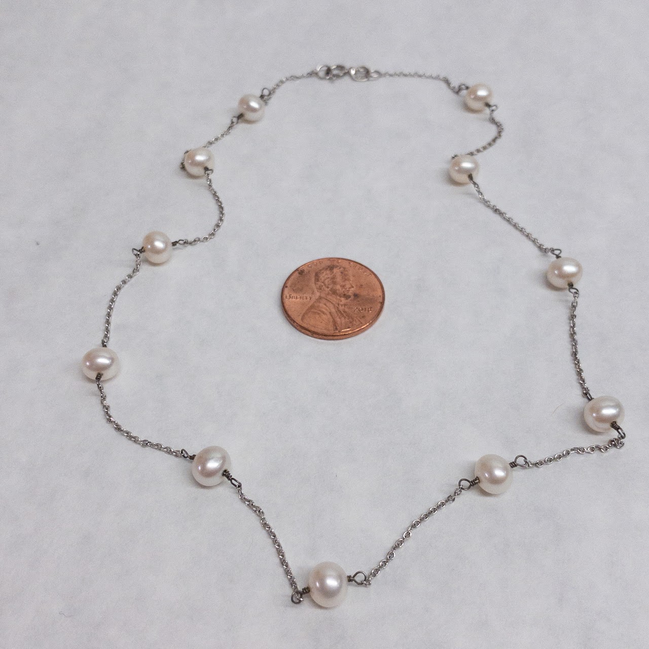 14K White Gold Pearl Station Necklace