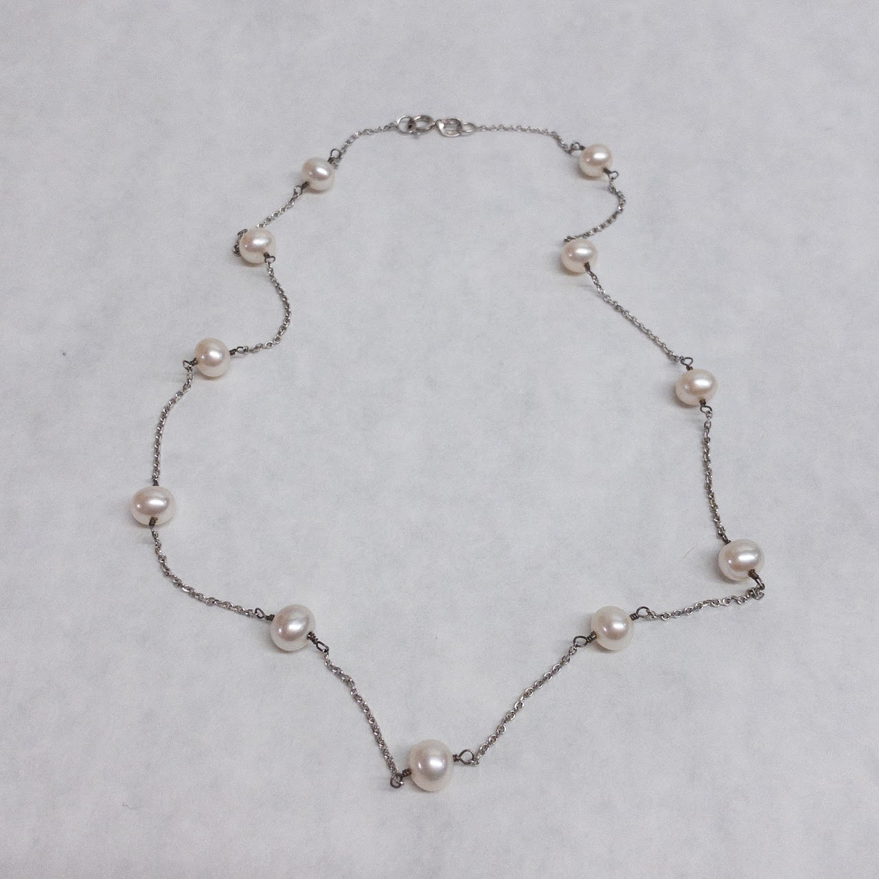 14K White Gold Pearl Station Necklace