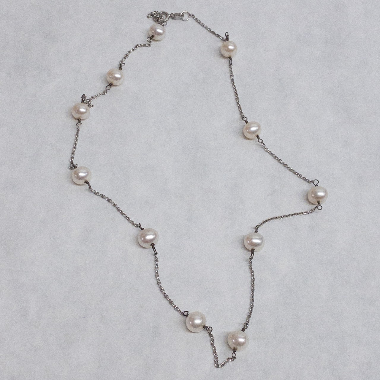 14K White Gold Pearl Station Necklace