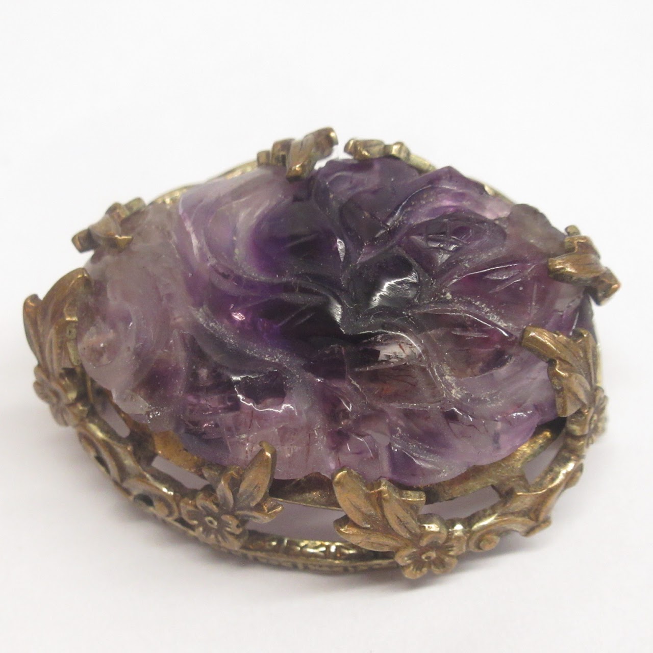 Vintage Carved Amethyst & Mixed Metal Brooch